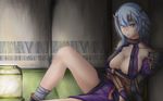  armor bad_id bad_pixiv_id blue_eyes breasts chakabo cleavage highres horns large_breasts ninja queen's_blade shizuka_(queen's_blade) silver_hair solo wallpaper 