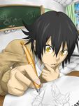  bad_id bad_pixiv_id black_hair chalkboard classroom classroom_eraser drawing highres indoors oekaki_musume original pen pov rentaro short_hair solo sweater yellow_eyes 