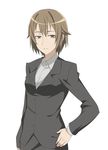  brown_hair formal hand_on_hip highres jacket kiyama_harumi pencil_skirt samuraig short_hair skirt skirt_suit solo suit to_aru_kagaku_no_railgun to_aru_majutsu_no_index 