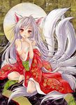  animal_ears bad_id bad_pixiv_id bare_shoulders blush breasts face finger_to_mouth fox_ears fox_tail japanese_clothes kimono long_hair looking_at_viewer medium_breasts multiple_tails off_shoulder original red_eyes silver_hair smile solo tail toyoda_izumi very_long_hair 