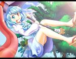  :p blue_eyes blue_hair geta heterochromia karakasa_obake lens_flare letterboxed purple_umbrella qontamblue red_eyes sandals short_hair solo tatara_kogasa tongue tongue_out touhou umbrella 