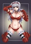  armor bikini_armor breasts brown_eyes cleavage gauntlets grey_hair hida_tatsuo idolmaster idolmaster_(classic) kneeling large_breasts long_hair navel nightmare_blood shijou_takane silver_hair solo striped striped_legwear thighhighs 