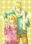  1girl axis_powers_hetalia bad_id bad_pixiv_id belgium_(hetalia) blonde_hair brother_and_sister cup green_eyes green_shirt hair_ribbon kogomi mug netherlands_(hetalia) ribbon scarf shirt siblings spiked_hair sweater 