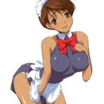 apron bare_shoulders bent_over bow breasts brown_eyes brown_hair covered_nipples dark_skin hairu head_tilt large_breasts leotard looking_at_viewer lowres maid maid_headdress shiny shiny_skin short_hair simple_background skin_tight smile solo super_real_mahjong tan tanline toono_mizuki white_background 