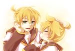  aqua_eyes blonde_hair blush detached_sleeves dual_persona kagamine_len male_focus mukkun multiple_boys petting smile vocaloid 