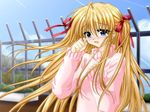  blonde_hair blush hair_ribbon long_hair ribbon solo sweater tears 