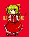  ascot bad_id bad_pixiv_id black_eyes blush_stickers chibi english flower green_hair heart kazami_yuuka plaid plaid_skirt plaid_vest red_background short_hair skirt skirt_set smile solo sprout_on_head sunflower tera touhou vest 