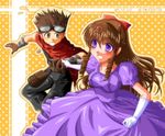  1boy 1girl alec_(arc_the_lad) anrietta_rochefort arc_the_lad arc_the_lad_iii belt brown_eyes brown_hair couple dress drill_hair female gloves goggles jewelry long_hair male necklace purple_eyes short_hair smile takeuchi_(be_in_chaos) takeuchi_(pixiv48797) violet_eyes 