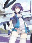  aircraft airplane dmitry_popov fingerless_gloves gloves headset isle_of_winds propeller purple_eyes purple_hair solo thighhighs yumi_(isle_of_winds) 