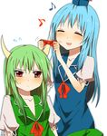  bad_id bad_pixiv_id blue_hair blush bow closed_eyes dual_persona ex-keine green_hair highres horns kamishirasawa_keine multiple_girls musical_note orange_(bibiko) red_eyes time_paradox touhou 