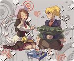  blazer blonde_hair blush brown_hair closed_eyes jacket maid multiple_girls necktie niso pillow shannon short_hair sitting skirt socks tissue tissue_box umineko_no_naku_koro_ni ushiromiya_jessica 