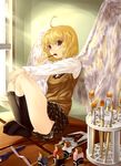  absurdres angel_wings art_brush bad_id bad_pixiv_id blonde_hair brown_eyes decchi_oyabun eating food highres kneehighs oekaki_musume original paint paintbrush plaid plaid_skirt pocky school_uniform skirt socks solo sweater_vest wings 