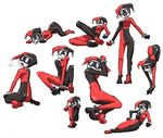  black_bodysuit blue_eyes bodysuit dc_comics domino_mask harley_quinn highres kneeling lying mask mizuno_shinya red_bodysuit sitting smile 