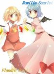  &gt;:) bad_id bad_pixiv_id bat_wings blonde_hair blue_hair bow character_name crystal dress fang flandre_scarlet multiple_girls no_hat no_headwear pink_dress red_eyes red_skirt remilia_scarlet short_hair siblings sisters skirt smile touhou v-shaped_eyebrows wings yuzuha_(artist) 