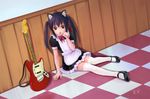  alternate_costume animal_ears apron bad_id bad_pixiv_id black_hair bow cat_ears checkered electric_guitar enmaided fender fender_mustang guitar instrument k-on! maid mary_janes nakano_azusa shoes sitting solo thighhighs twintails white_legwear wudi_de_pangxie zettai_ryouiki 
