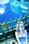  aqua_hair cake closed_eyes cloud digital_media_player earphones flower food hokoodo ipod long_hair original pastry scenery sitting smile solo sunflower white_hair 