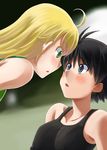  ahoge antenna_hair bare_shoulders black_hair blonde_hair blush eye_contact green_eyes hoshi_sukii hoshii_miki idolmaster idolmaster_(classic) kikuchi_makoto looking_at_another multiple_girls tank_top yuri 