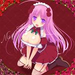  bare_shoulders blush boots breasts cleavage flower hair_ornament kay_(utd) large_breasts long_hair open_mouth original pink_hair purple_eyes rose sitting solo thighhighs 