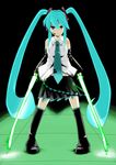 absurdres bad_id bad_pixiv_id blue_eyes blue_hair detached_sleeves energy_sword epic hatsune_miku headphones highres hyudora kneehighs lightsaber long_hair microphone necktie skirt socks solo spring_onion star_wars sword themed_object thighhighs twintails very_long_hair vocaloid weapon 