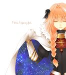  1boy androgynous astolfo_(fate) black_bow black_shirt bow braid cape cape_lift closed_eyes closed_mouth copyright_name fang fate/apocrypha fate_(series) fur-trimmed_cape fur_trim gauntlets gorget hair_between_eyes hair_bow hair_intakes long_braid long_hair male_focus multicolored_hair orange_hair otoko_no_ko pink_hair shirt simple_background single_braid skin_fang solo srnk star_(symbol) star_print streaked_hair two-sided_cape two-sided_fabric two-tone_hair upper_body white_background white_cape white_hair 