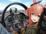  1girl absurdres aircraft_carrier aircraft_request black_pantyhose bomber_jacket brow brown_eyes cockpit excited flight_deck fur-trimmed_jacket fur_trim green_jacket highres horse_girl jacket looking_at_viewer mayano_top_gun_(umamusume) military_vehicle open_cockpit pantyhose ship solo tussy umamusume vehicle_request warship watercraft 