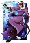 ambiguous_gender anthro black_pawpads blue_eyes brown_body brown_fur cape claws clothing elemental_manipulation felid feline fur hair hi_res ice_manipulation magic_user mammal nitrods pawpads purple_cape purple_clothing solo white_body white_claws white_fur white_hair