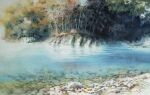  bare_tree gavel highres no_humans original painting_(medium) plant river riverbank rock scenery shimizu_megumi_(m_acquerello) traditional_media tree water watercolor_(medium) 
