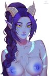  1girl absurdres artist_name blue_lips blue_nipples braid braided_ponytail breasts colored_nipples colored_skin draenei grey_horns grey_skin highres horns long_hair looking_at_viewer maewix_(artist) medium_breasts nipples nude pointy_ears portrait purple_hair s&#039;rena_(vyraal1987) simple_background solo upper_body warcraft white_background yellow_eyes 