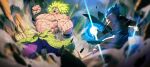  2boys abs battle black_vest blue_hair broly_(dragon_ball_super) chyko7080 dragon_ball dragon_ball_super dragon_ball_super_broly energy_ball fighting_stance gogeta green_hair highres large_pectorals male_focus metamoran_vest multiple_boys muscular muscular_male navel nipples no_pupils open_mouth pants pectorals purple_pants scar scar_on_chest short_hair vest wristband 