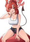  1girl ;d absurdres black_shorts blue_archive blue_eyes breasts cleavage halo hashtag-only_commentary highres horns large_breasts looking_at_viewer medium_hair megu_(blue_archive) midriff navel one_eye_closed open_mouth pointy_ears red_hair red_halo red_horns shorts simple_background smile solo tail thighs white_background ziro_(zirorong) 