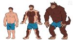  1boy animal_ears bara beard belly brent_(solidweller) brown_fur facial_hair full_beard full_body furrification furry furry_male goatee highres large_pectorals looking_at_viewer looking_down male_focus medium_sideburns motion_lines multiple_views muscle_growth muscular muscular_male no_nipples original pectorals plump short_hair short_shorts shorts soildweller sparse_chest_hair sparse_leg_hair standing strongman_waist thick_eyebrows topless_male transformation very_hairy werewolf whiskers wolf_boy wolf_ears 