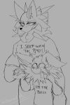  anthro canid clothing duo eeveelution english_text flashpoint_(imboredhh) fluffy funny_face fur generation_1_pokemon generation_7_pokemon gesture hand_gesture hand_holding hi_res imboredhh ironclaw_(imboredhh) jolteon lycanroc male mammal meme meme_clothing midday_lycanroc monochrome nintendo pokemon pokemon_(species) simple_background size_difference sketch spiked_fur text v_sign 
