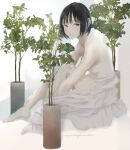  1girl absurdres bare_arms bare_legs barefoot black_hair bob_cut breasts closed_mouth feet full_body grey_eyes highres junito715 looking_at_viewer mole mole_under_eye original plant potted_plant short_hair signature sitting small_breasts solo white_background 