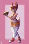 anthro azura.zar beverage bottomwear brown_body brown_eyes brown_fur brown_hair bulge burger clothed clothing crop_top facing_forward femboy femboy_hooters food footwear fries fur hair hands_on_hips hi_res hooters hooters_uniform lagomorph legwear leporid male mammal one_eye_closed plate rabbit rabbit_ears scut_tail shirt shoes short_tail shorts smile sneakers soda solo standing tail thigh_highs topwear waiter waiter_tray wink