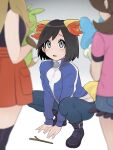  1boy 2girls black_hair blue_jacket blurry blurry_foreground boots calem_(pokemon) chespin commentary_request eyelashes froakie grey_eyes highres holding holding_pokemon jacket looking_up multiple_girls open_mouth pants pokemon pokemon_(creature) pokemon_ears pokemon_tail pokemon_xy sana_(37pisana) serena_(pokemon) shauna_(pokemon) short_hair squatting stick sweat tail 