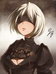  1girl 2b_(nier:automata) artist_name black_blindfold black_dress blindfold breasts character_name cleavage cleavage_cutout closed_mouth clothing_cutout commentary covered_eyes dress gradient_background grey_background highres juliet_sleeves kazetuki lips long_sleeves medium_breasts mole mole_under_mouth nier:automata nier_(series) puffy_sleeves short_hair signature simple_background solo third-party_source turtleneck upper_body white_hair 