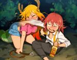  2girls barefoot blonde_hair blue_skirt blush bottle closed_eyes domestic_violence dragon_horns dragon_tail glasses grey_pants highres holding holding_bottle horns khyle. kobayashi-san_chi_no_maidragon kobayashi_(maidragon) miniskirt multiple_girls nose_blush pants pink_shirt punching red_hair shirt sitting skirt tail thighs tohru_(maidragon) 