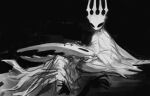  2others black_background cloak crown ded-lime dress grey_background grey_cloak greyscale hollow_eyes hollow_knight horns hug king lap_pillow looking_at_another lying monochrome multiple_others on_side pure_vessel sitting white_cloak 