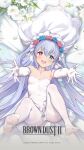  1girl armpits blue_eyes blush breasts bridal_veil bride brown_dust_2 butterfly_wings collar copyright_name dress elbow_gloves eyebrows_hidden_by_hair flower flower_wreath full_body gloves grey_hair hair_between_eyes head_wreath heterochromia highres insect_wings long_hair looking_at_viewer lying official_art official_wallpaper on_back open_mouth outstretched_arms pantyhose red_eyes refithea_(brown_dust) second-party_source small_breasts smile soles solo star-shaped_pupils star_(symbol) symbol-shaped_pupils teeth toes upper_teeth_only veil very_long_hair white_collar white_dress white_flower white_gloves white_pantyhose wings 
