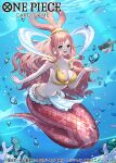  1girl bikini blue_eyes blush bubble commentary_request copyright_name coral_reef earrings ekusiun fish giant giantess hagoromo half_updo jewelry long_hair looking_at_viewer megalo mermaid monster_girl official_art one_piece one_piece_card_game open_mouth pink_hair seahorse shark shawl shell shell_earrings shirahoshi swimsuit underwater very_long_hair yellow_bikini 