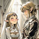  1:1 blush bride canon_couple carnation catholicxenu church clothing cross crucifix duo female happy humanoid humanoid_pointy_ears husband_and_wife hylian larger_male link love male male/female married_couple nintendo princess_zelda religion size_difference smaller_female suit the_legend_of_zelda wedding 