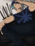  1boy armpit_hair armpit_hair_peek bandana bara couch from_below green_hair highres looking_to_the_side male_focus on_couch one_piece pants pinattsu roronoa_zoro scar scar_across_eye sheath sheathed shirt short_hair sitting sleeveless sleeveless_shirt solo spread_legs toned toned_male veins veiny_arms 