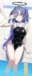  1girl 1other :o absurdres alternate_costume arm_support arm_up armpits bare_legs black_one-piece_swimsuit blue_archive blush breasts collarbone competition_swimsuit halo highres ildy long_hair looking_at_viewer medium_breasts one-piece_swimsuit out_of_frame pool poolside purple_eyes purple_hair refraction sitting soaking_feet solo_focus swimsuit thigh_gap tile_floor tiles two_side_up very_long_hair yuuka_(blue_archive) 