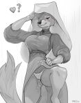 anthro blush bodily_fluids breasts brooch camel_toe canid canine clothed clothing clothing_lift disney dress dress_lift female fluffy fluffy_tail fox front_view genital_fluids greyscale headdress heart_symbol hi_res jewelry maid_marian mammal monochrome necklace panties pussy_juice_through_clothing robin_hood_(disney) smile solo tail underwear vaginal_fluids wet wet_clothing xerun