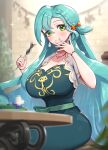  1girl aqua_hair bad_food bracelet braid breasts censored chloe_(fire_emblem) cleavage curvy earrings eating fire_emblem fire_emblem_engage gonzarez green_eyes highres holding holding_skewer jewelry large_breasts looking_at_viewer mosaic_censoring single_braid sitting skewer smile solo 