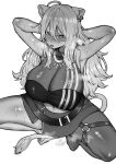  1girl absurdres animal_ear_fluff animal_ears armpits arms_behind_head belt blush breasts cleavage earrings embarrassed highres hololive inamimi_(sheep1733) jewelry large_breasts lion_ears lion_girl lion_tail long_hair looking_at_viewer monochrome navel pussy_juice shishiro_botan simple_background single_thighhigh skirt solo squatting sweat tail thighhighs tongue tongue_out virtual_youtuber white_background 