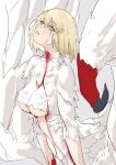  1girl ban!_(bansankan) bleeding blonde_hair blood blood_from_eyes blood_on_face breasts commentary_request dungeon dungeon_meshi falin_touden falin_touden_(chimera) feathered_wings hair_between_eyes looking_at_viewer medium_breasts monster_girl parted_lips simple_background slit_pupils solo taur underboob wings yellow_eyes 