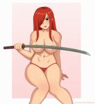  1girl abs areola_slip breasts commentary english_commentary erza_scarlet fairy_tail hair_over_one_eye highres katana large_breasts lips looking_at_viewer ozimand panties red_hair red_panties sitting solo sword topless underwear weapon 