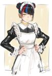  1girl alternate_costume apron black_dress black_hair blue_hair border choker closed_mouth collared_dress commentary cropped_legs diagonal_bangs double_bun dress enmaided hair_bun hands_on_own_hips harusaruhi headphones highres isshiki_(ffmania7) juliet_sleeves kamitsubaki_studio light_smile long_sleeves looking_at_viewer maid maid_apron maid_headdress multicolored_hair outside_border puffy_sleeves red_hair short_hair signature solo standing streaked_hair symbol-only_commentary virtual_youtuber white_apron white_border yellow_background yellow_choker yellow_eyes yellow_lips 