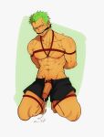  1boy abs arms_behind_back bara bluefriedchick blush crotch_bondage full_body gagged green_hair highres kneeling looking_at_viewer male_focus navel nipples one_piece pectorals penis precum precum_drip pubic_stubble red_rope rope roronoa_zoro scar scar_across_eye shibari short_hair short_shorts shorts solo toned toned_male uncensored v-taper 